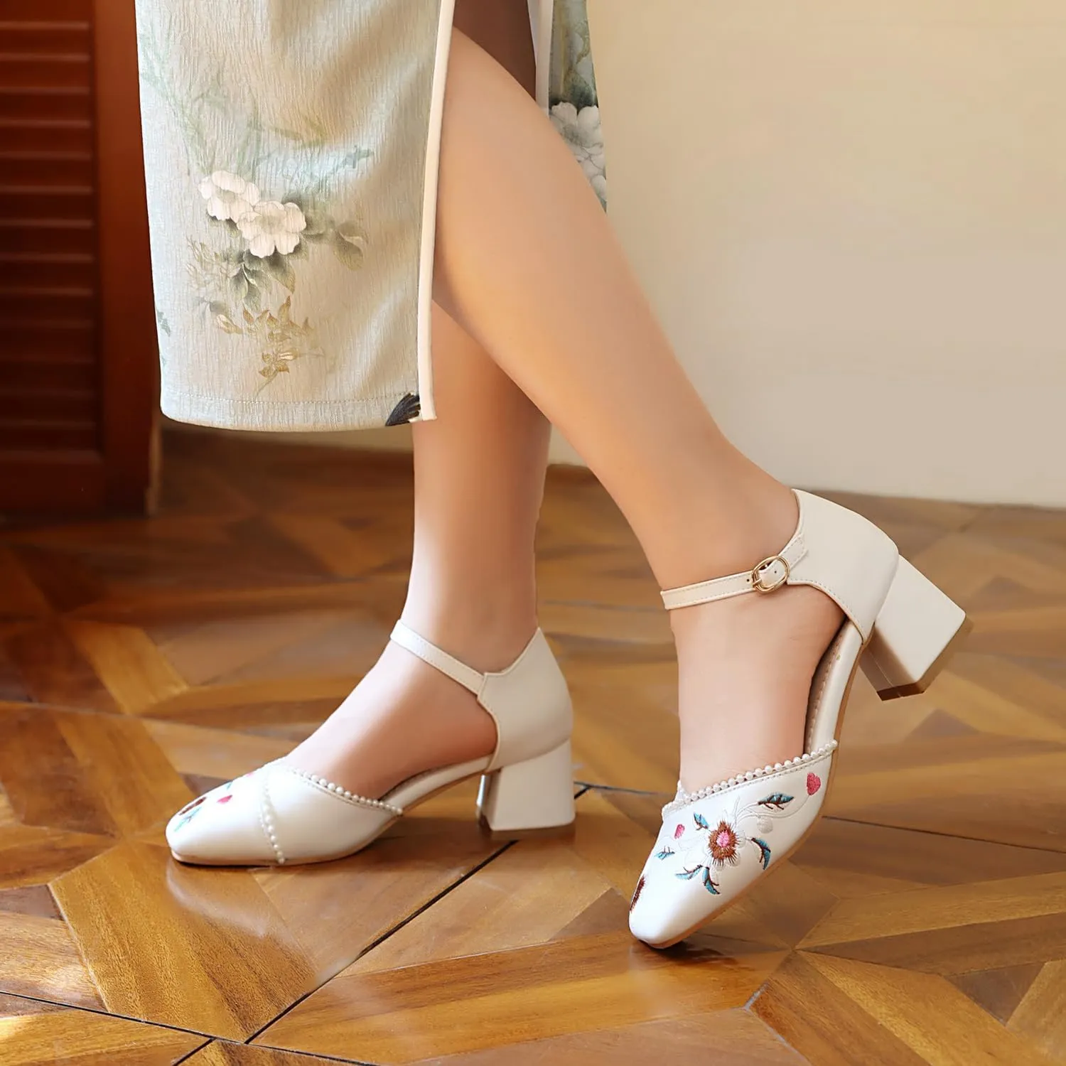 Women's JS37 Embroidered Beaded Ankle Strap Fabric Low Block D-Orsay Pumps