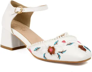 Women's JS37 Embroidered Beaded Ankle Strap Fabric Low Block D-Orsay Pumps