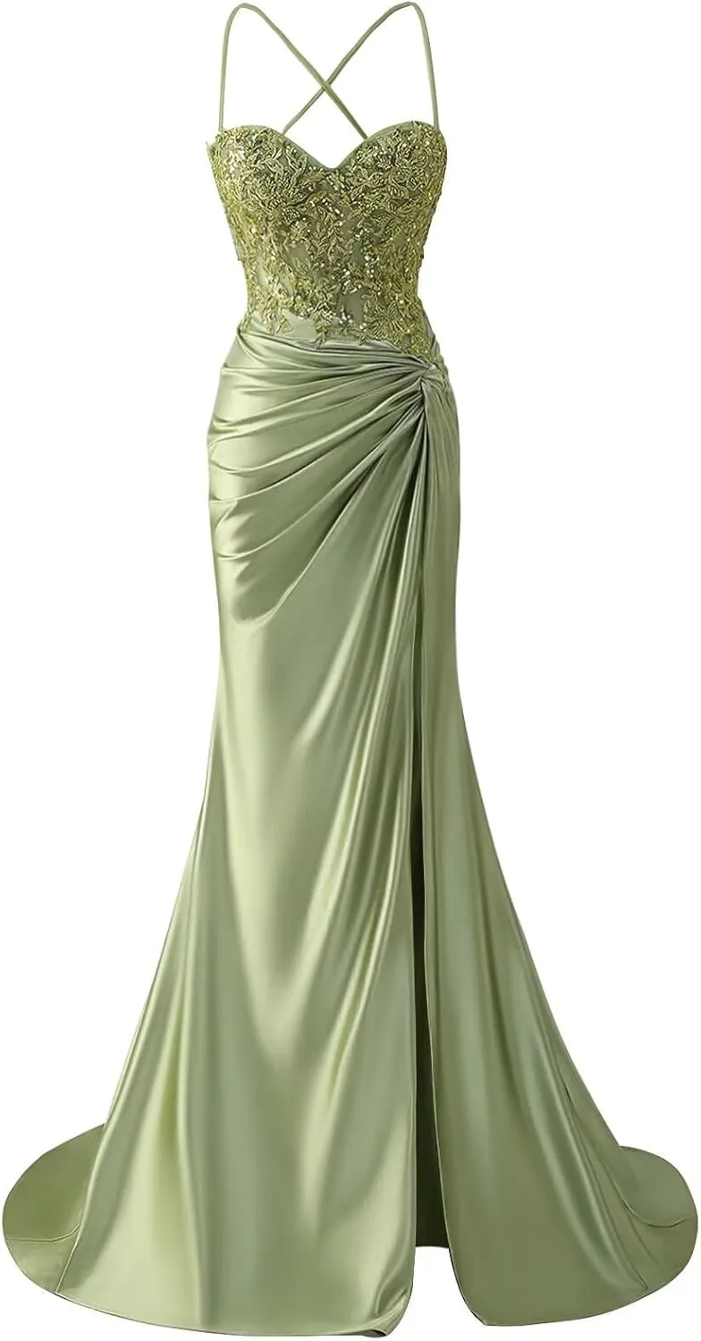 Women's Lace Applique Satin Prom Dress with Slit Mermaid Twist Corset Long Formal Gown