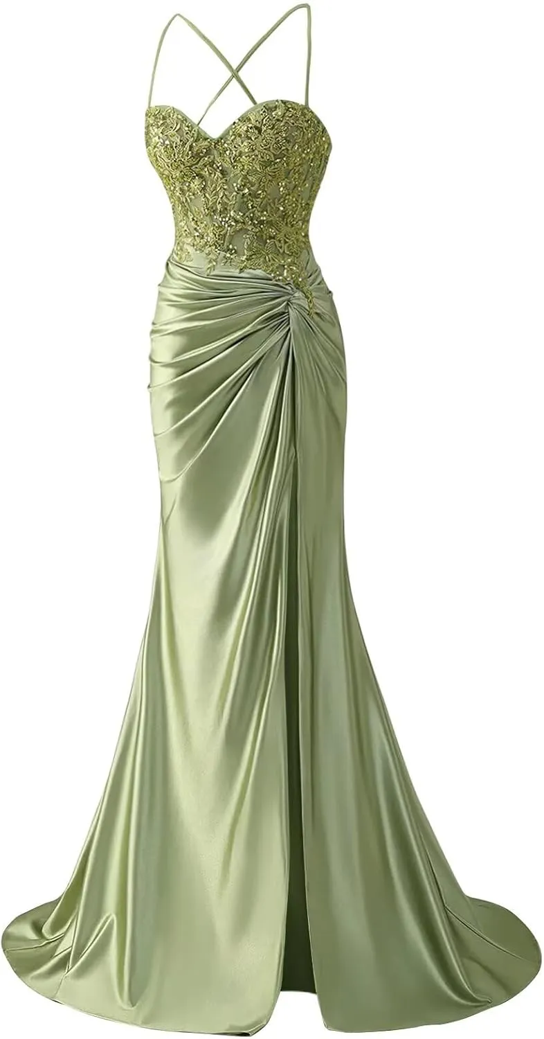 Women's Lace Applique Satin Prom Dress with Slit Mermaid Twist Corset Long Formal Gown