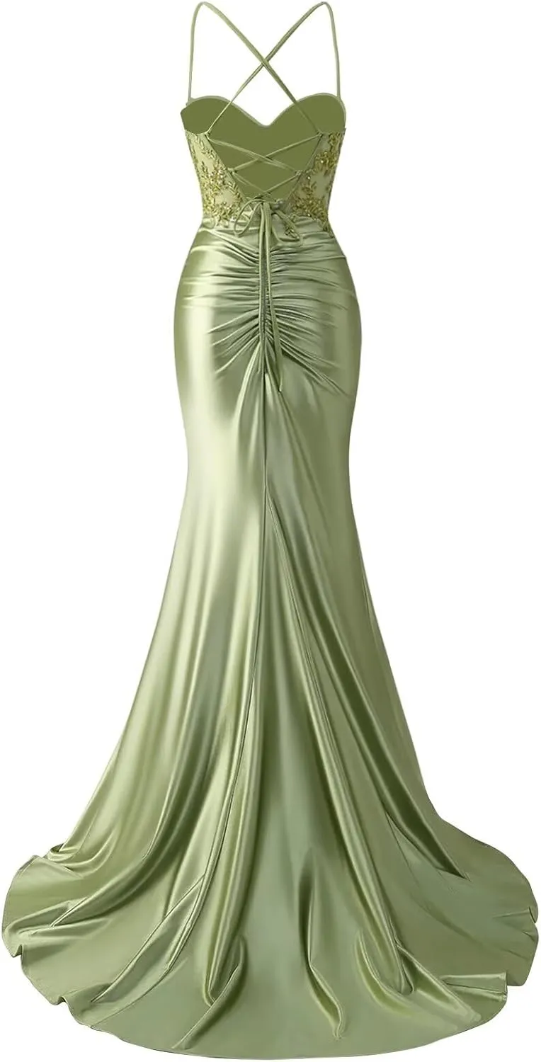 Women's Lace Applique Satin Prom Dress with Slit Mermaid Twist Corset Long Formal Gown