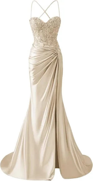 Women's Lace Applique Satin Prom Dress with Slit Mermaid Twist Corset Long Formal Gown