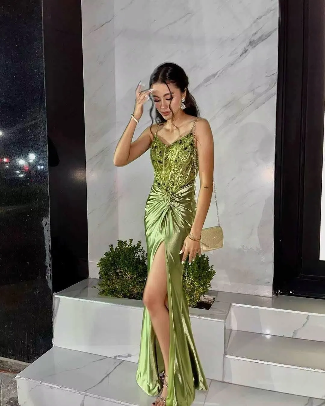 Women's Lace Applique Satin Prom Dress with Slit Mermaid Twist Corset Long Formal Gown