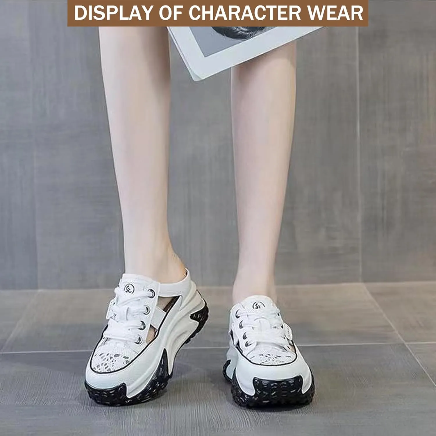 Women's Paneled Chunky Platform Slingback Mules Sneakers Hollow Out Lace-Up Lightweight Comfortable Slip-On Closed Toe Walking Sport Sandals Anti Slip Rubber Sole Clogs