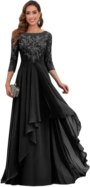 Women's Short Sleeve Mother of The Bride Dresses for Wedding Long Ruffles Chiffon Formal Evening Gowns