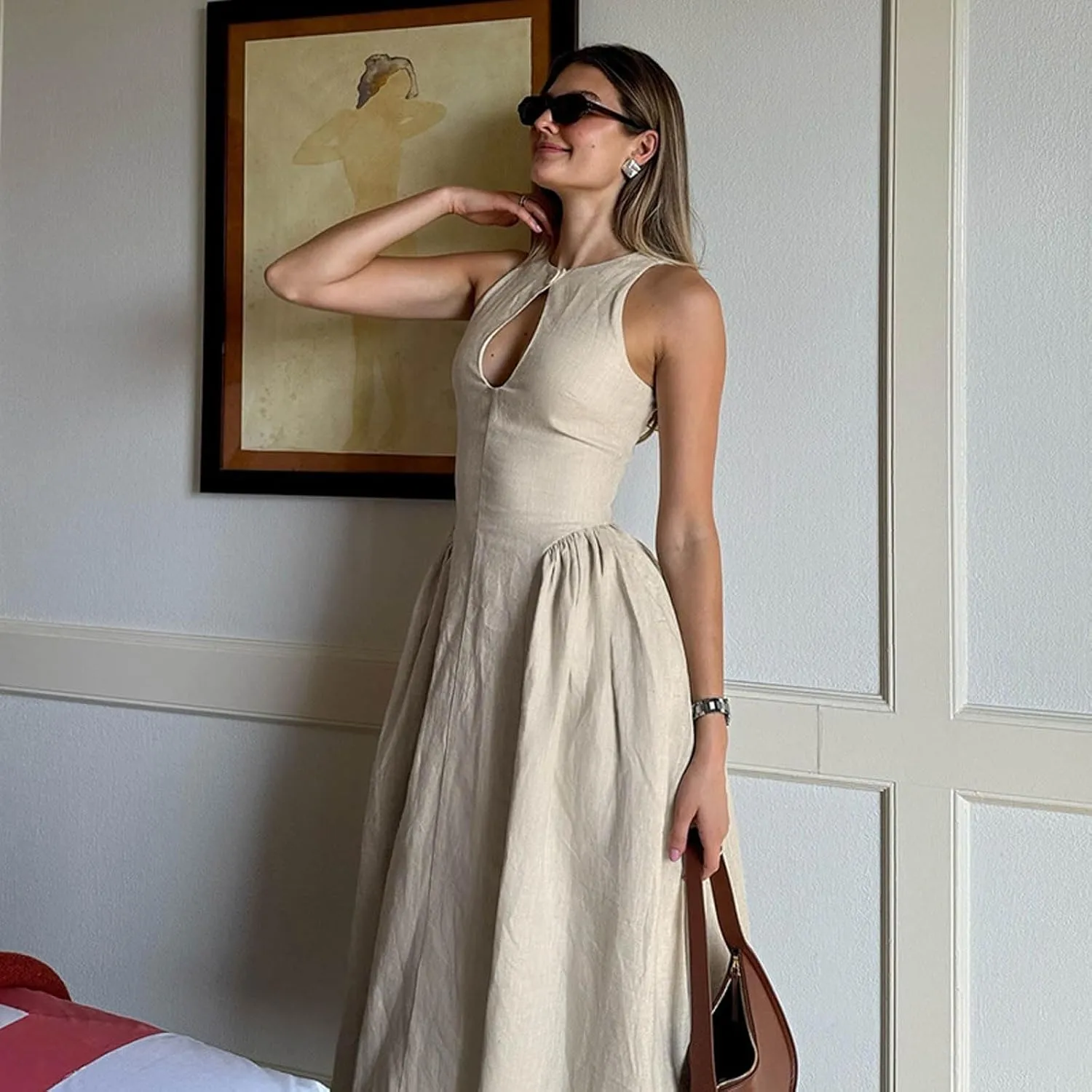 Women's Side Pleated Sleeveless Medium Length Linen Single Button Tight Corset Hollowed Out MIDI Dress