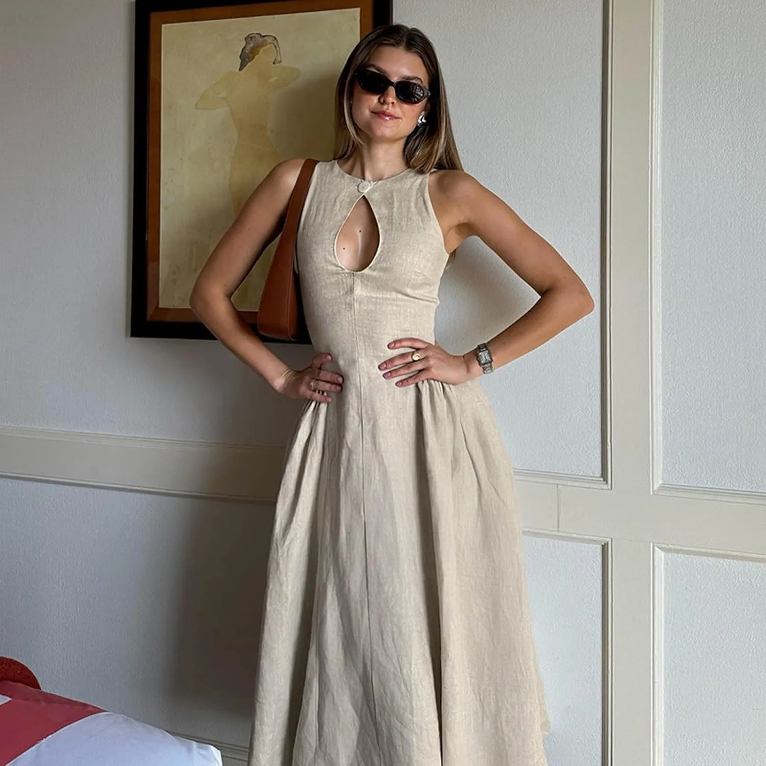 Women's Side Pleated Sleeveless Medium Length Linen Single Button Tight Corset Hollowed Out MIDI Dress