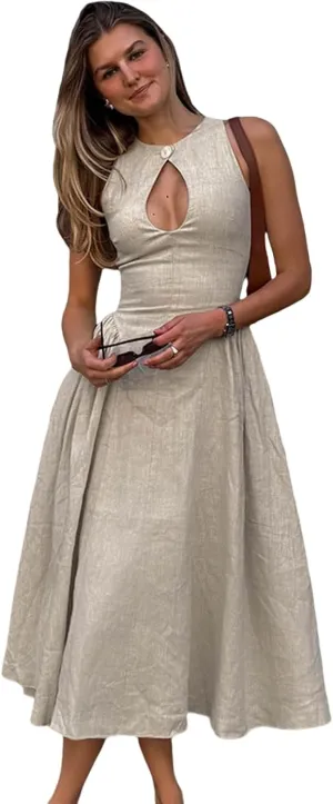 Women's Side Pleated Sleeveless Medium Length Linen Single Button Tight Corset Hollowed Out MIDI Dress