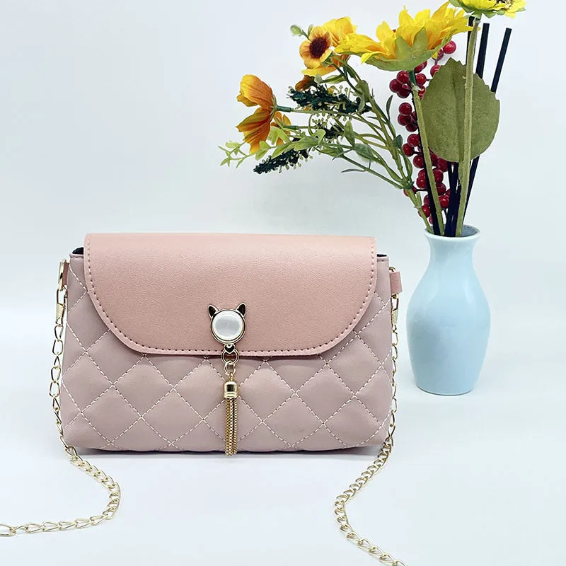 Women's Simple Diamond Pattern Tassel Chain Crossbody Bags