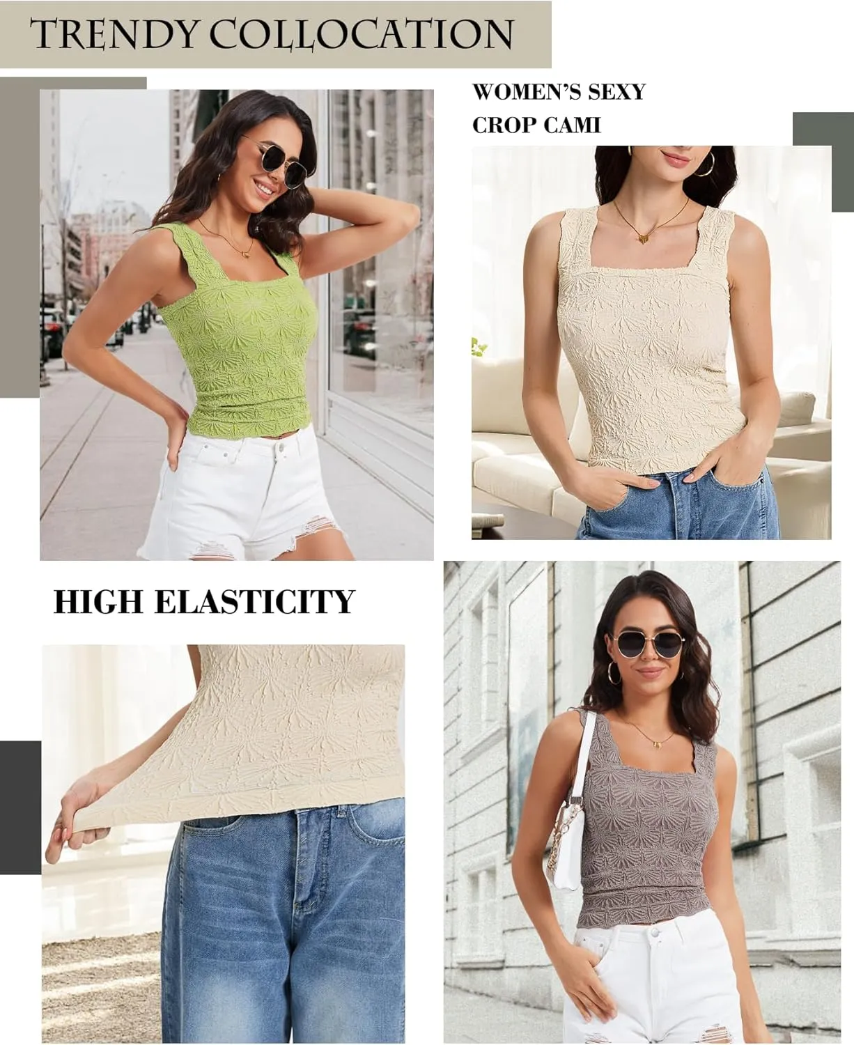 Women's Square Neck Wide Strap Crop Tank Tops Slim Fit Sleeveless Going Out Top Flower Lettuce Trim Cami Tops