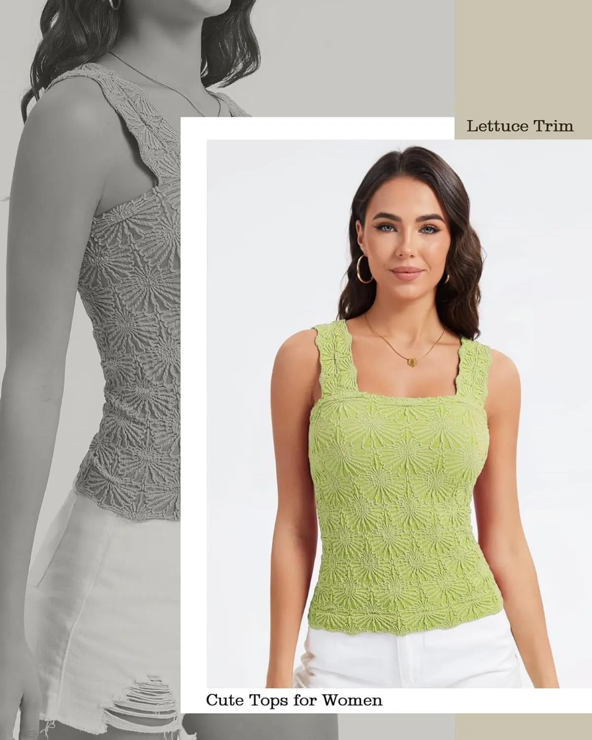 Women's Square Neck Wide Strap Crop Tank Tops Slim Fit Sleeveless Going Out Top Flower Lettuce Trim Cami Tops