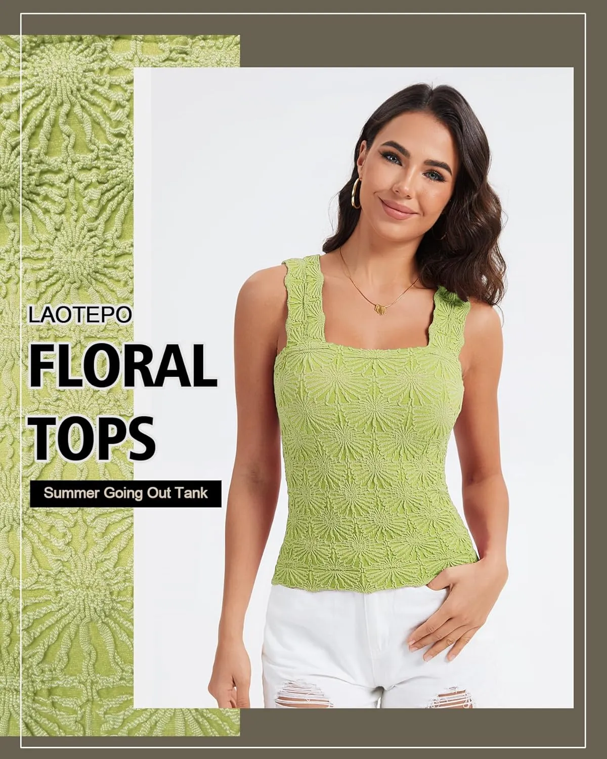 Women's Square Neck Wide Strap Crop Tank Tops Slim Fit Sleeveless Going Out Top Flower Lettuce Trim Cami Tops