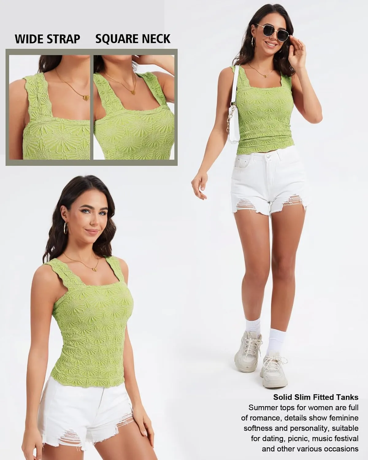 Women's Square Neck Wide Strap Crop Tank Tops Slim Fit Sleeveless Going Out Top Flower Lettuce Trim Cami Tops