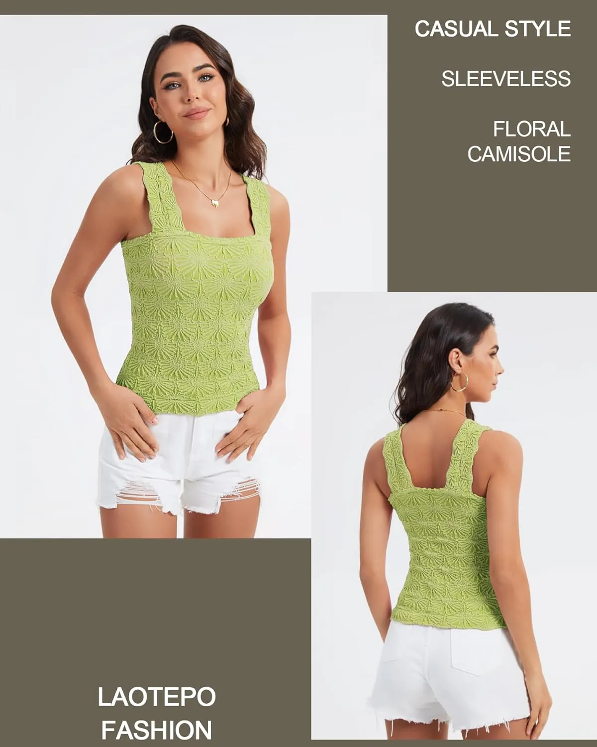 Women's Square Neck Wide Strap Crop Tank Tops Slim Fit Sleeveless Going Out Top Flower Lettuce Trim Cami Tops