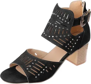 Women's Summer New Large-size Hollowed-out Rhinestone Fish Mouth Chunky High-heeled Sandals