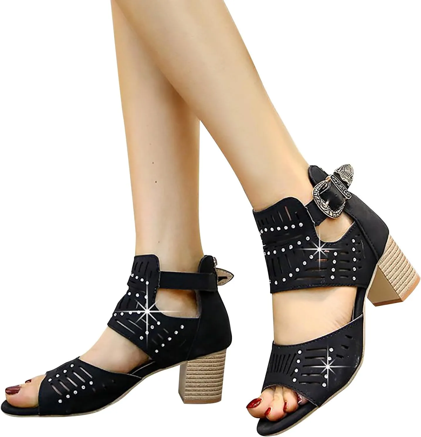 Women's Summer New Large-size Hollowed-out Rhinestone Fish Mouth Chunky High-heeled Sandals