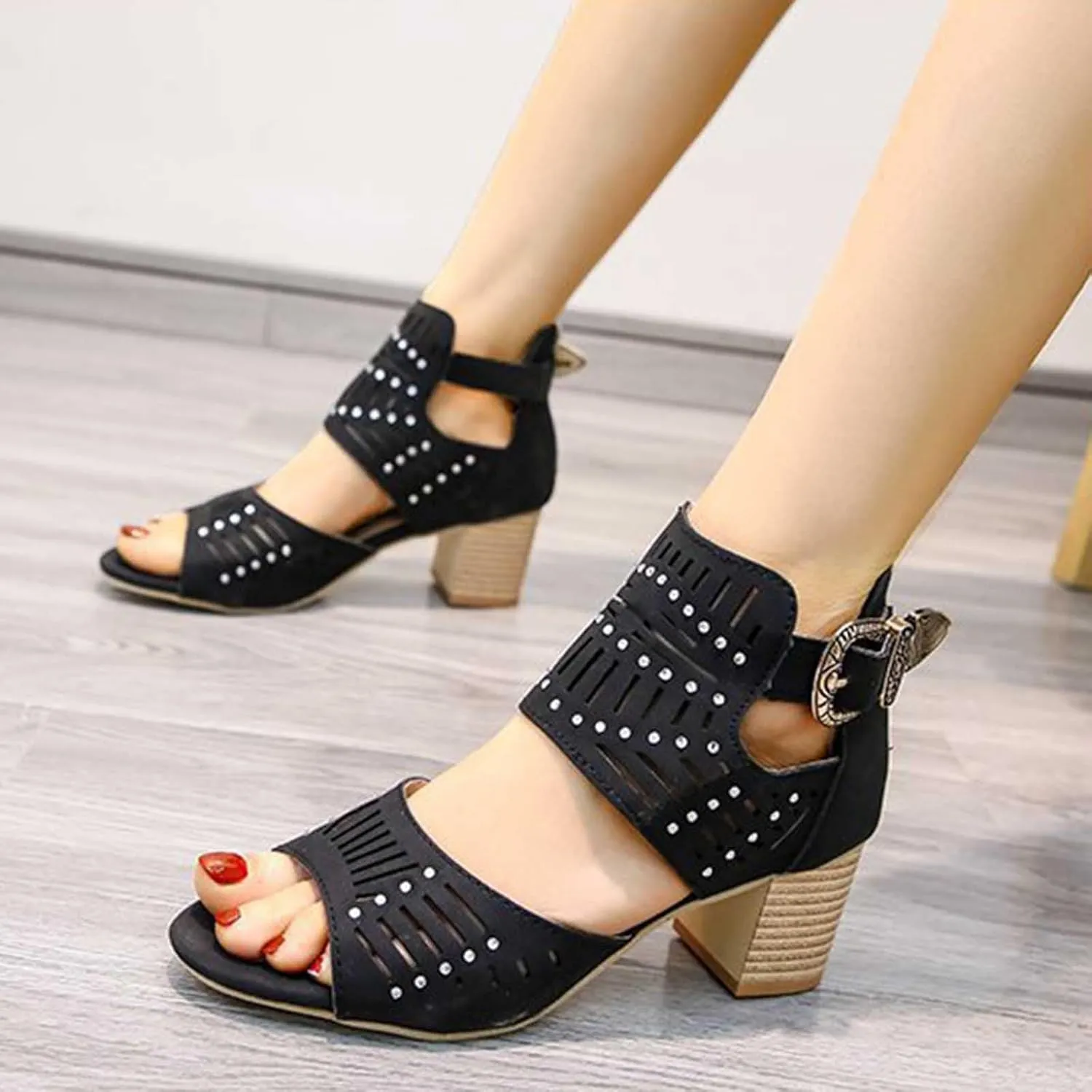 Women's Summer New Large-size Hollowed-out Rhinestone Fish Mouth Chunky High-heeled Sandals