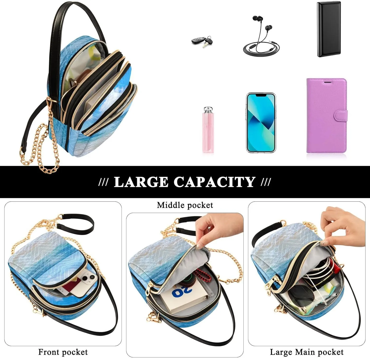 Women's Wave Cross Body Chest Bag, 52 inch Gold Chain Shoulder Handbag Purse