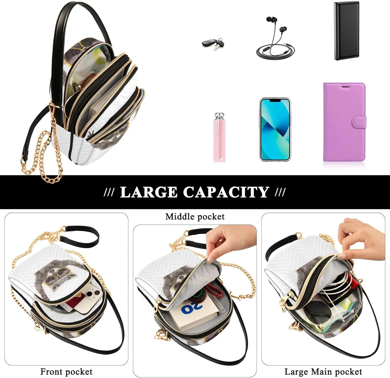 Women's Wave Cross Body Chest Bag, 52 inch Gold Chain Shoulder Handbag Purse