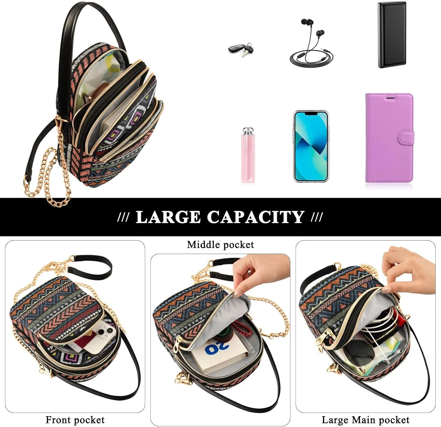 Women's Wave Cross Body Chest Bag, 52 inch Gold Chain Shoulder Handbag Purse