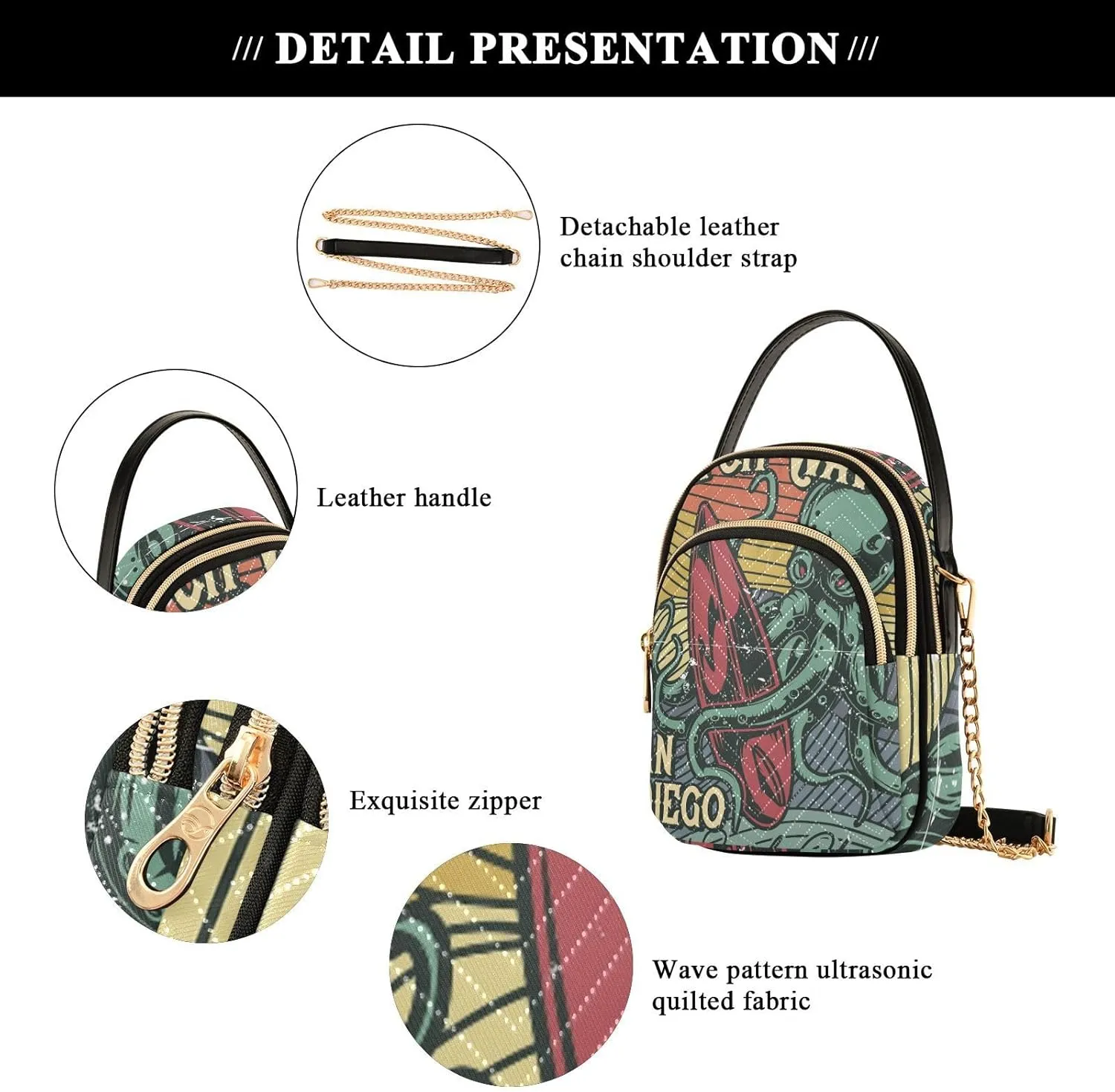 Women's Wave Cross Body Chest Bag, 52 inch Gold Chain Shoulder Handbag Purse