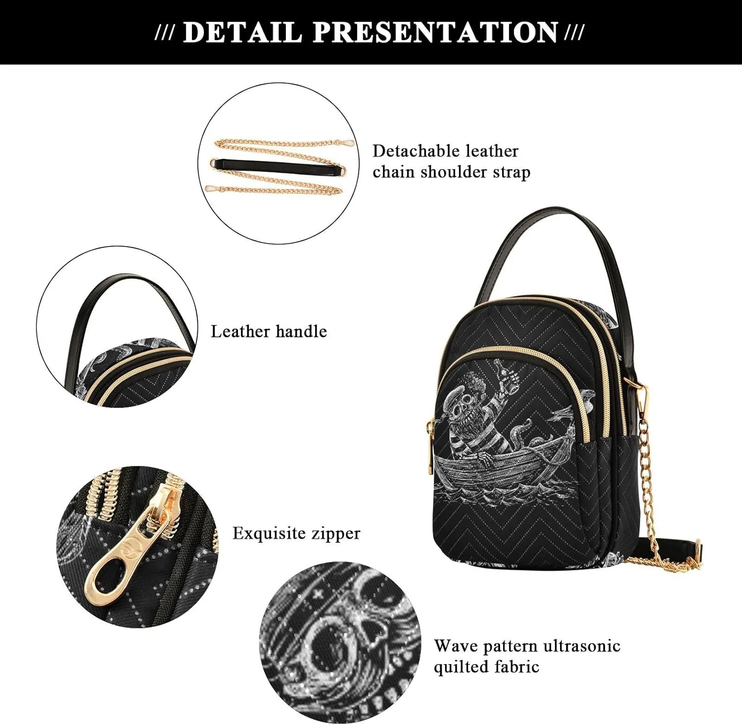 Women's Wave Cross Body Chest Bag, 52 inch Gold Chain Shoulder Handbag Purse