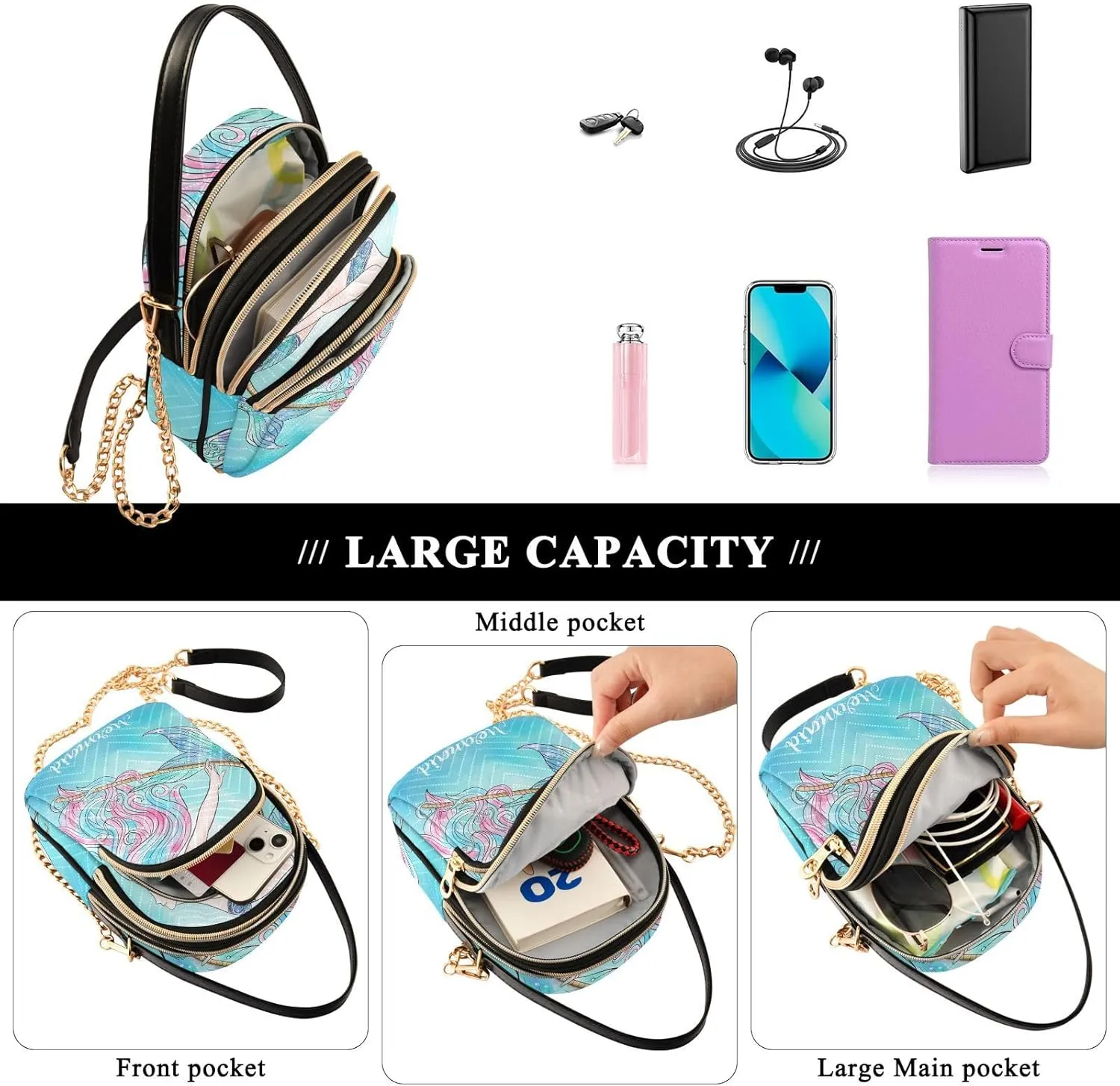Women's Wave Cross Body Chest Bag, 52 inch Gold Chain Shoulder Handbag Purse