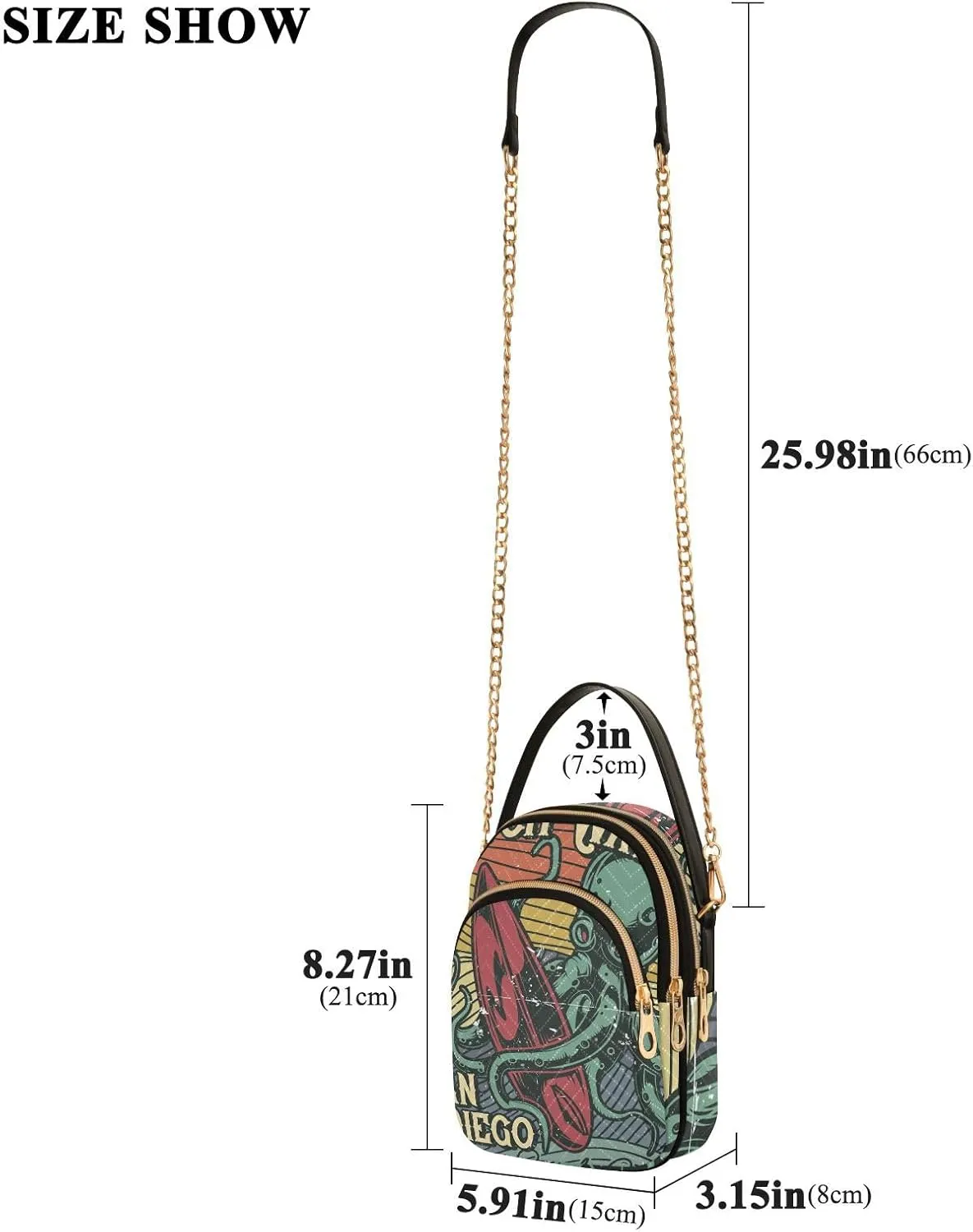 Women's Wave Cross Body Chest Bag, 52 inch Gold Chain Shoulder Handbag Purse