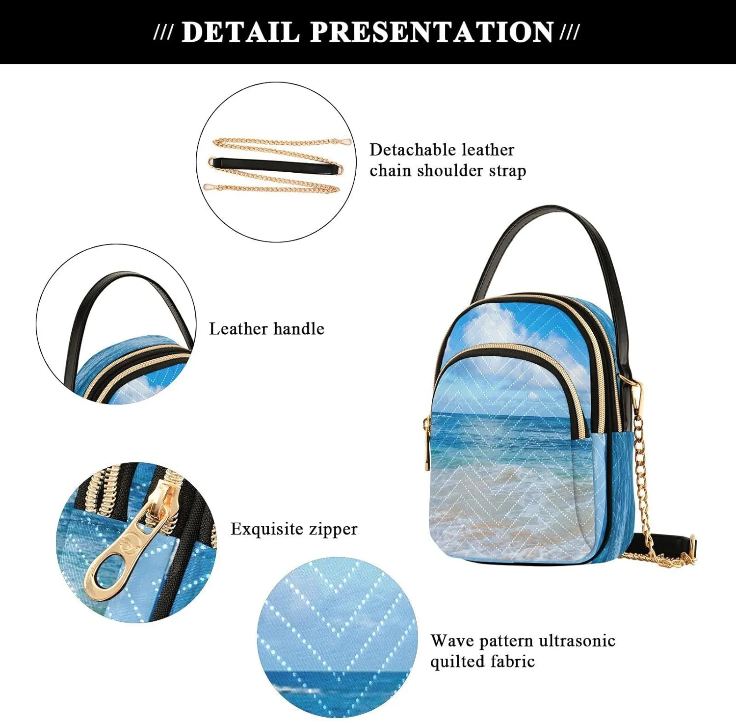 Women's Wave Cross Body Chest Bag, 52 inch Gold Chain Shoulder Handbag Purse