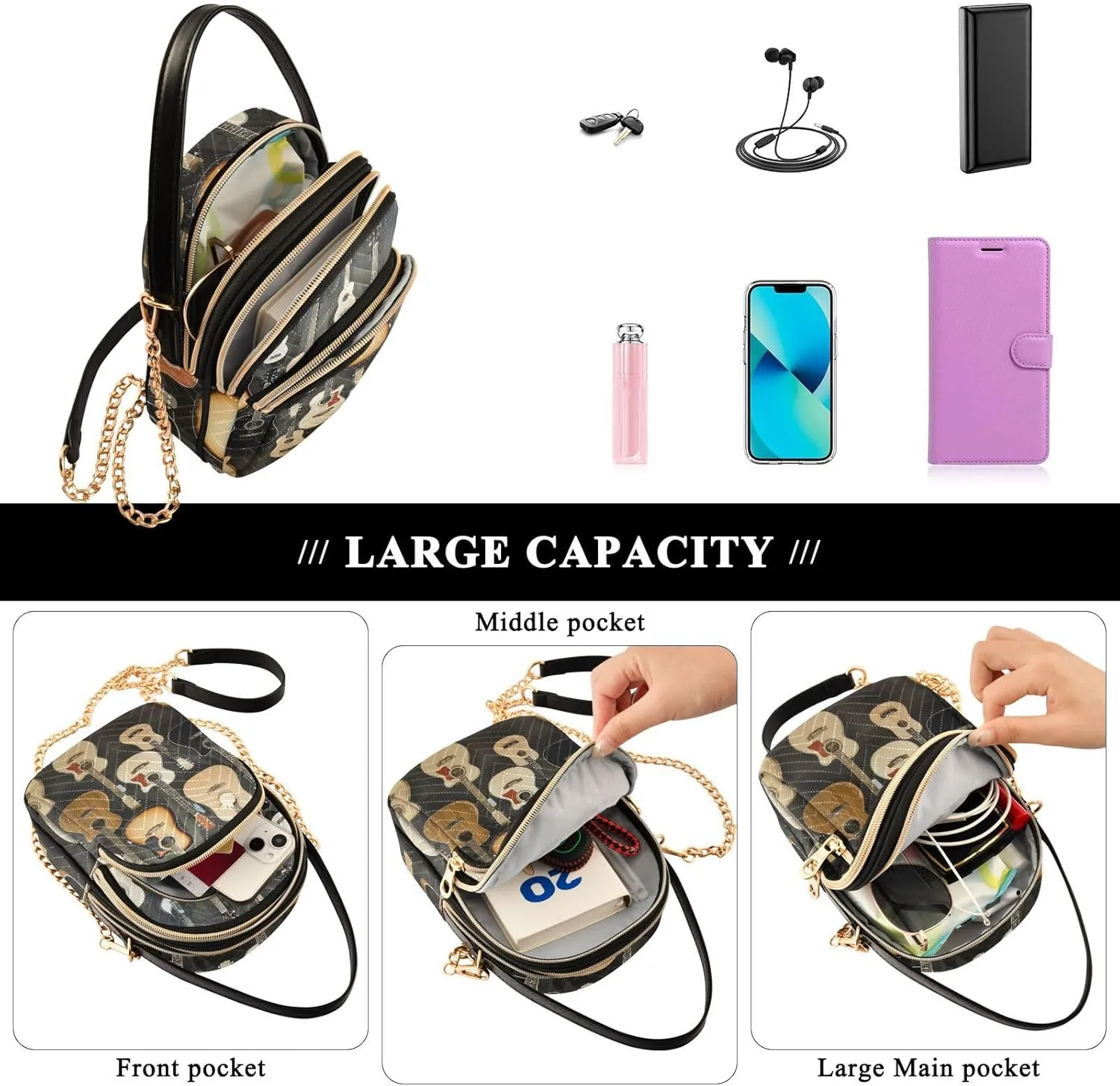 Women's Wave Cross Body Chest Bag, 52 inch Gold Chain Shoulder Handbag Purse