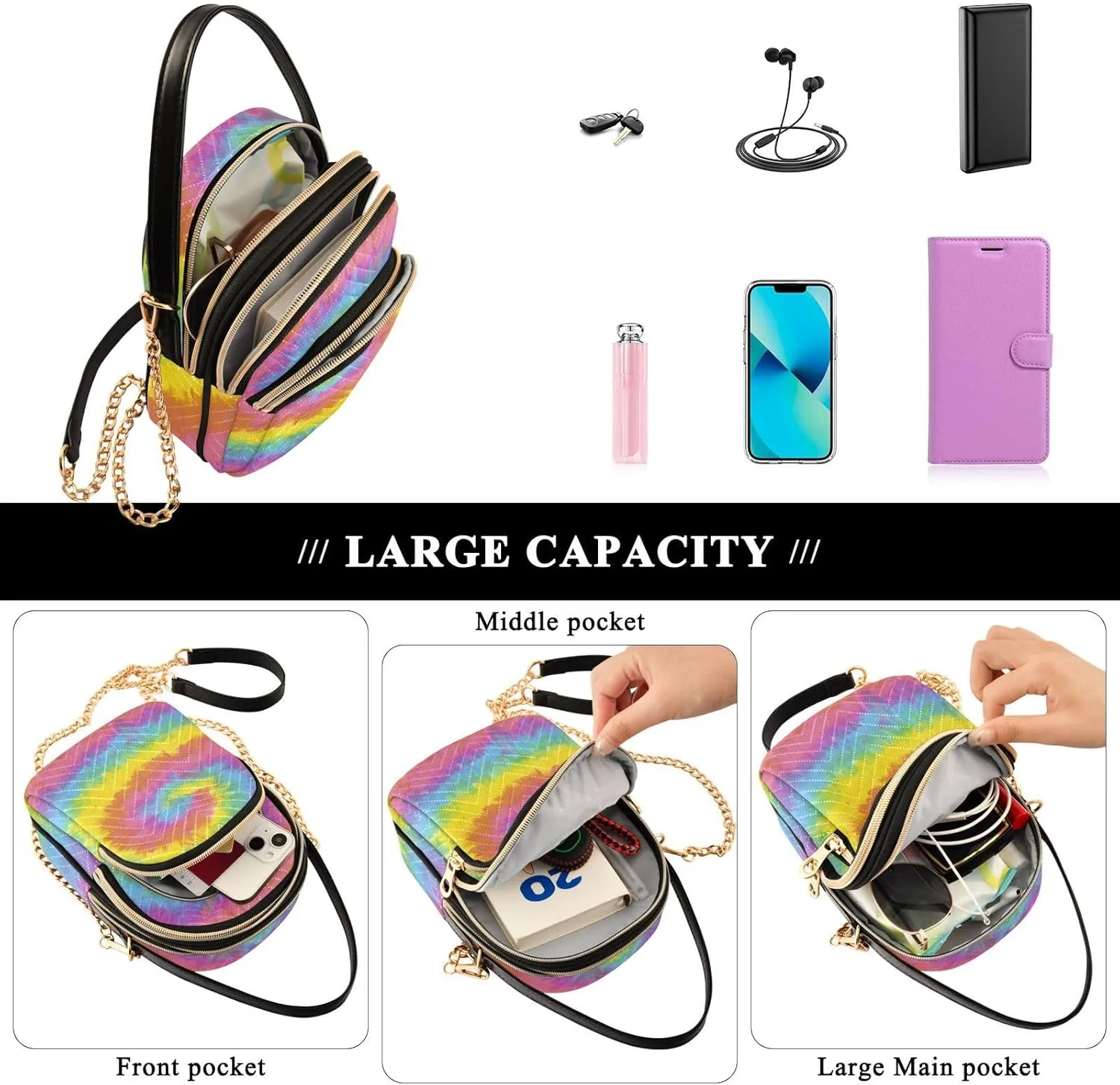 Women's Wave Cross Body Chest Bag, 52 inch Gold Chain Shoulder Handbag Purse