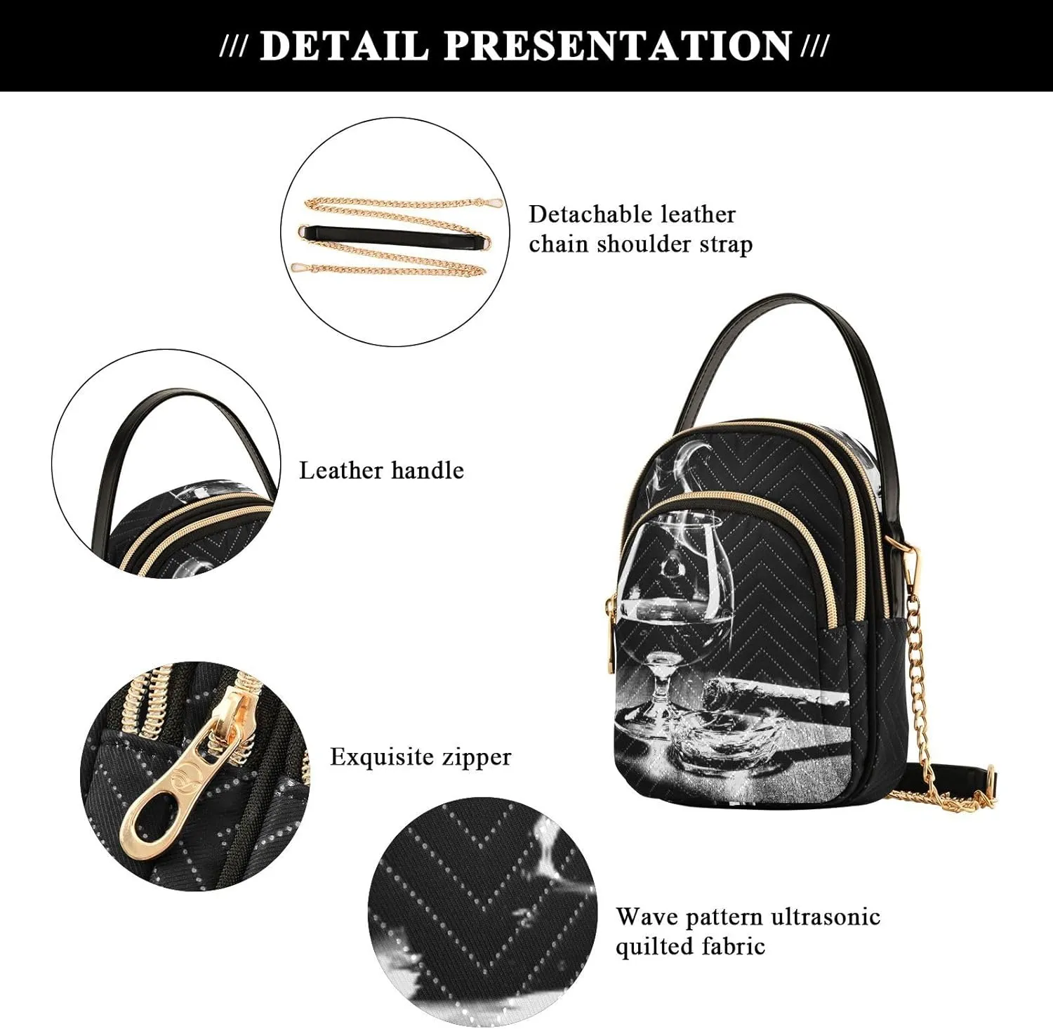 Women's Wave Cross Body Chest Bag, 52 inch Gold Chain Shoulder Handbag Purse
