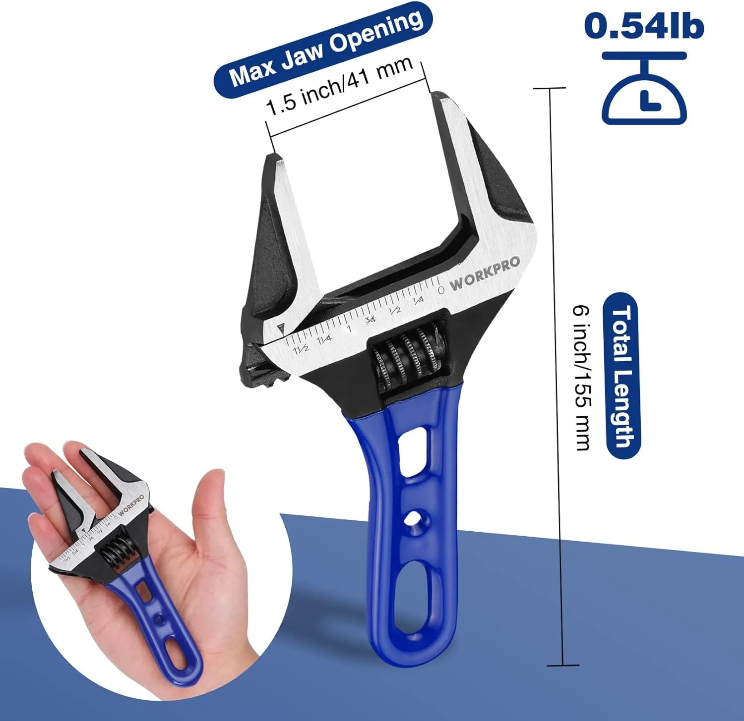 WORKPRO 6-Inch Stubby Adjustable Wrench, 1.5-Inch Extra Wide Jaw Opening Wrench, Metric/SAE Scales, Cr-V Steel, Ideal for Work in Confined Spaces