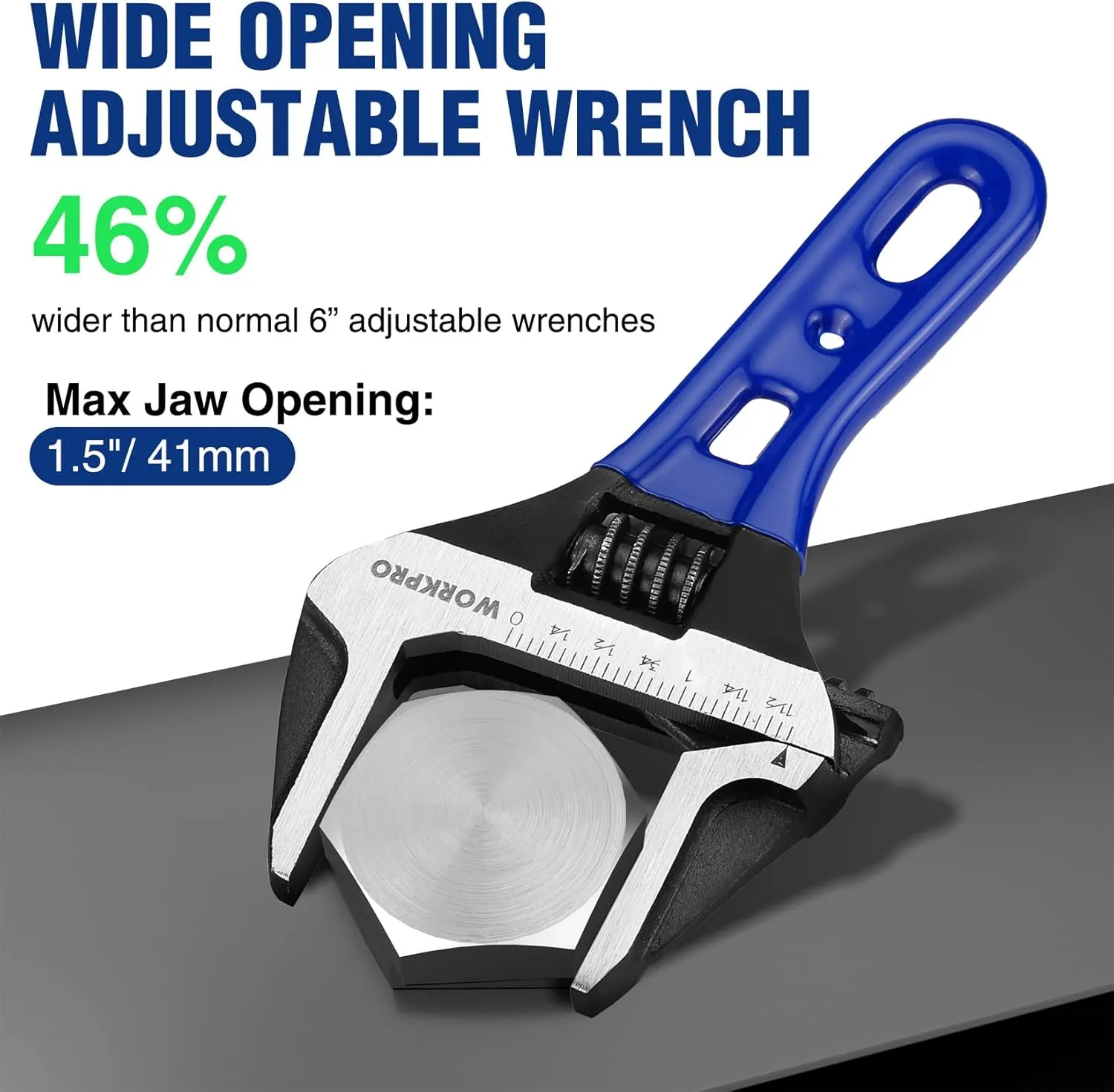 WORKPRO 6-Inch Stubby Adjustable Wrench, 1.5-Inch Extra Wide Jaw Opening Wrench, Metric/SAE Scales, Cr-V Steel, Ideal for Work in Confined Spaces