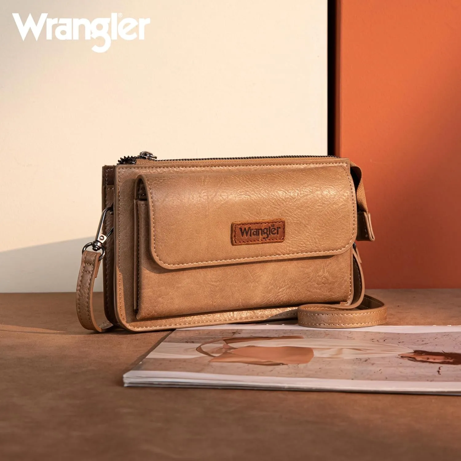 Wrangler RFID Crossbody Wallet Purse Vegan Leather Small Purses for Women with Phone Pocket and Adjustable Strap