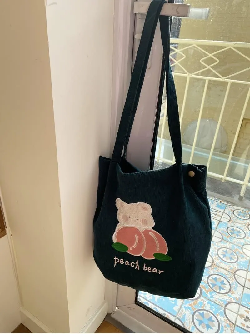 Y2k Corduroy Tote Bag for Women Bear Print Big Capacity Handbags for Women Japanese Kawaii Casual Shoulder Bag