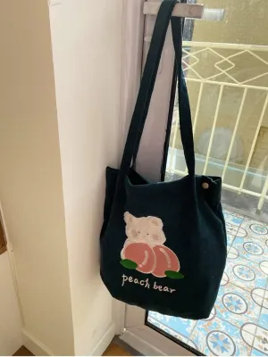 Y2k Corduroy Tote Bag for Women Bear Print Big Capacity Handbags for Women Japanese Kawaii Casual Shoulder Bag