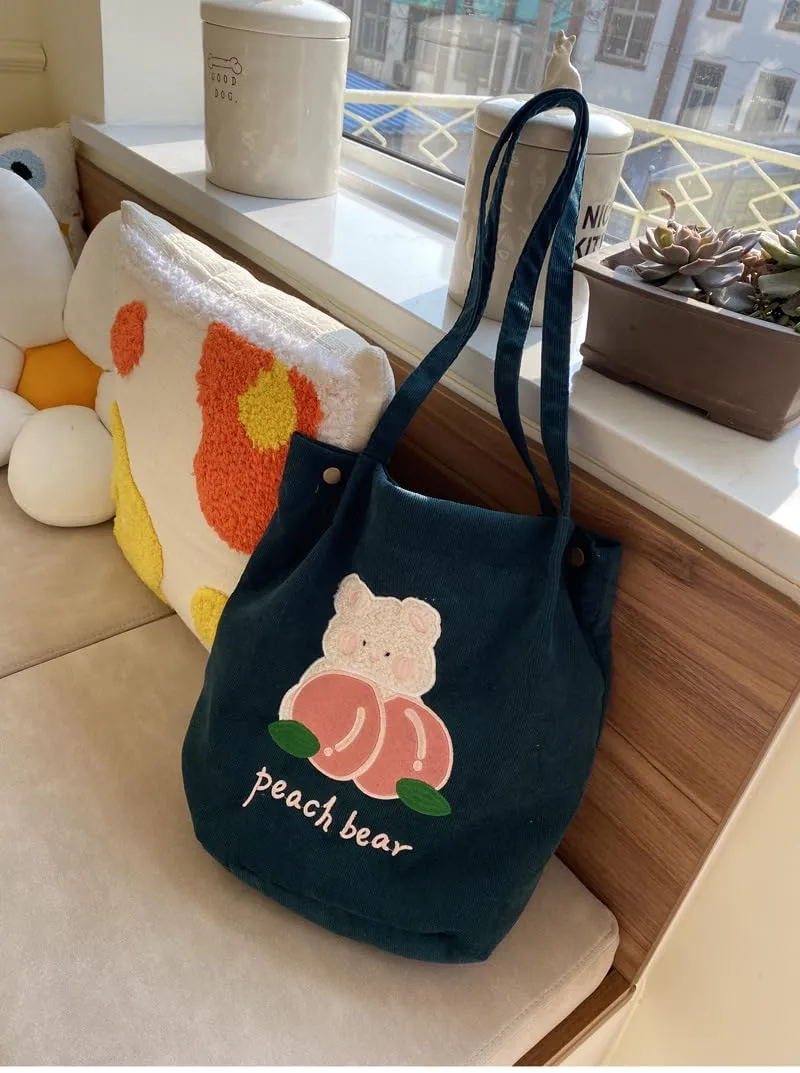 Y2k Corduroy Tote Bag for Women Bear Print Big Capacity Handbags for Women Japanese Kawaii Casual Shoulder Bag