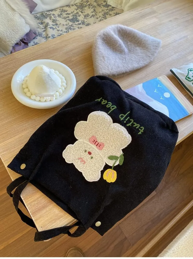 Y2k Corduroy Tote Bag for Women Bear Print Big Capacity Handbags for Women Japanese Kawaii Casual Shoulder Bag