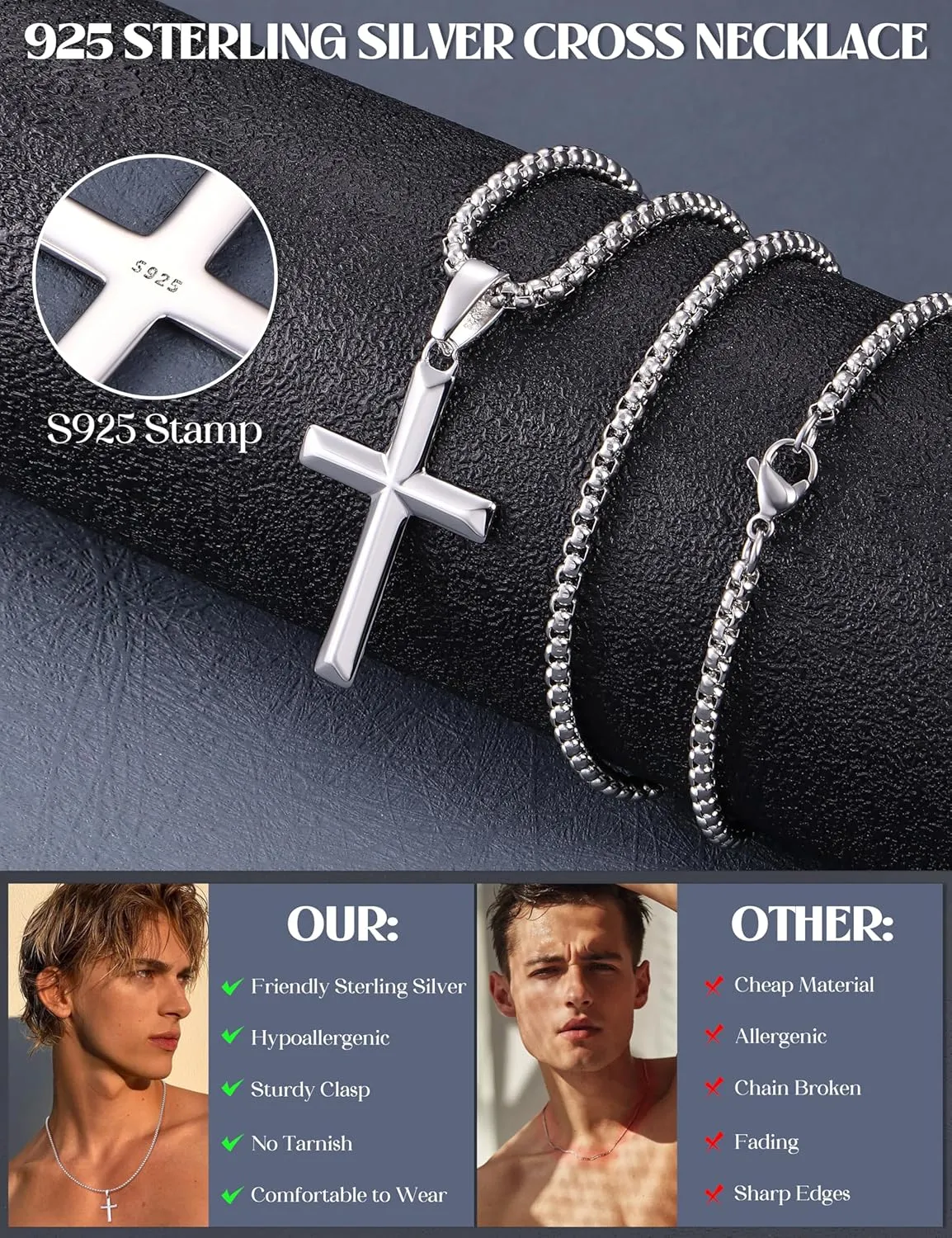 YADOCA 925 Sterling Silver Cross Necklace for Men - 3mm Stainless Steel Box Chain Silver Cross Chains Beveled Edge Crucifix Cross Pendant Necklace Jewelry for Women Mens 16-24 Inches