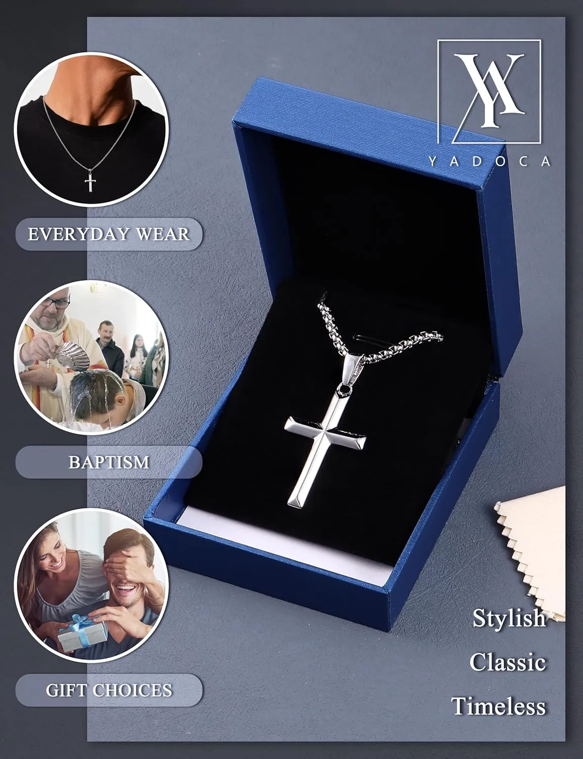 YADOCA 925 Sterling Silver Cross Necklace for Men - 3mm Stainless Steel Box Chain Silver Cross Chains Beveled Edge Crucifix Cross Pendant Necklace Jewelry for Women Mens 16-24 Inches