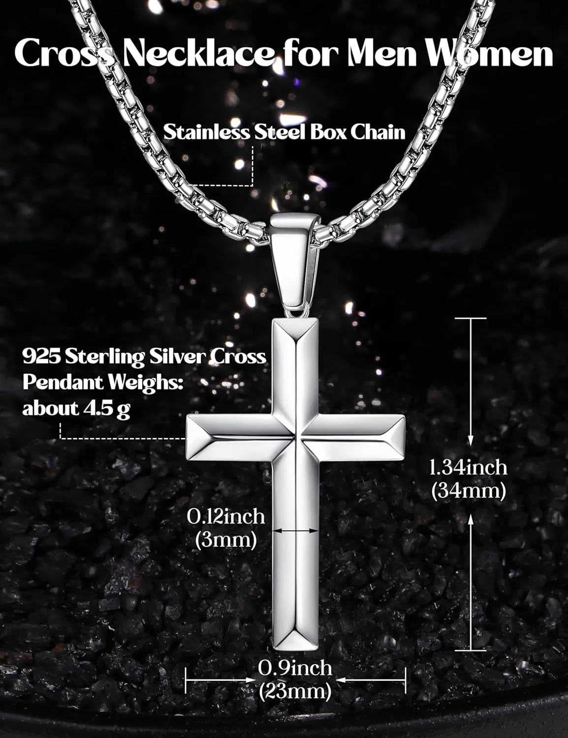 YADOCA 925 Sterling Silver Cross Necklace for Men - 3mm Stainless Steel Box Chain Silver Cross Chains Beveled Edge Crucifix Cross Pendant Necklace Jewelry for Women Mens 16-24 Inches