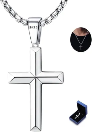 YADOCA 925 Sterling Silver Cross Necklace for Men - 3mm Stainless Steel Box Chain Silver Cross Chains Beveled Edge Crucifix Cross Pendant Necklace Jewelry for Women Mens 16-24 Inches