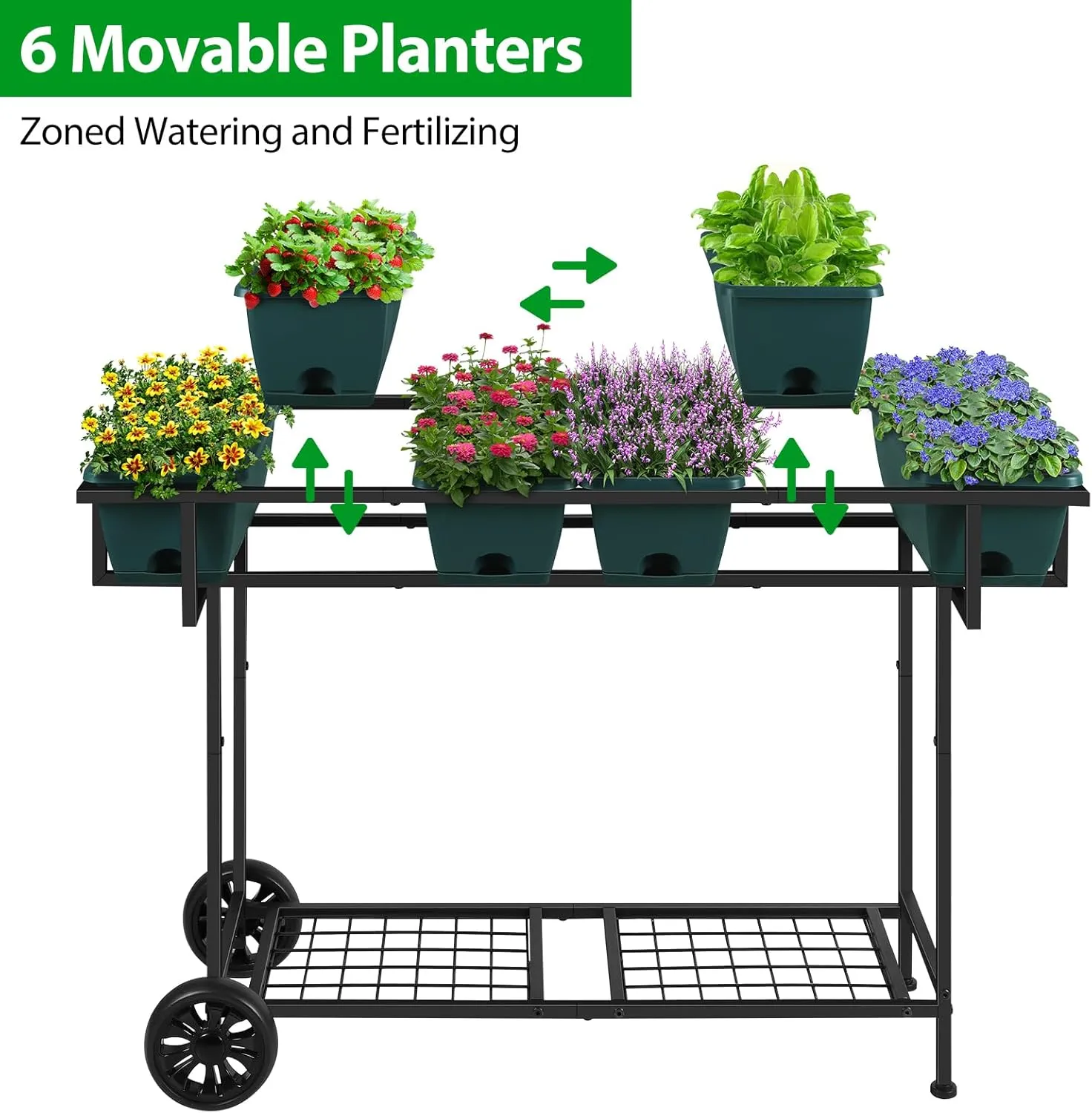 YBING Elevated Raised Garden Bed with Legs Outdoor Mobile Herb Garden Planter with Storage Shelf 6 Pocket Patio Raised Planter Boxes on Wheels Elevated Flower Bed 42x17x30in Green