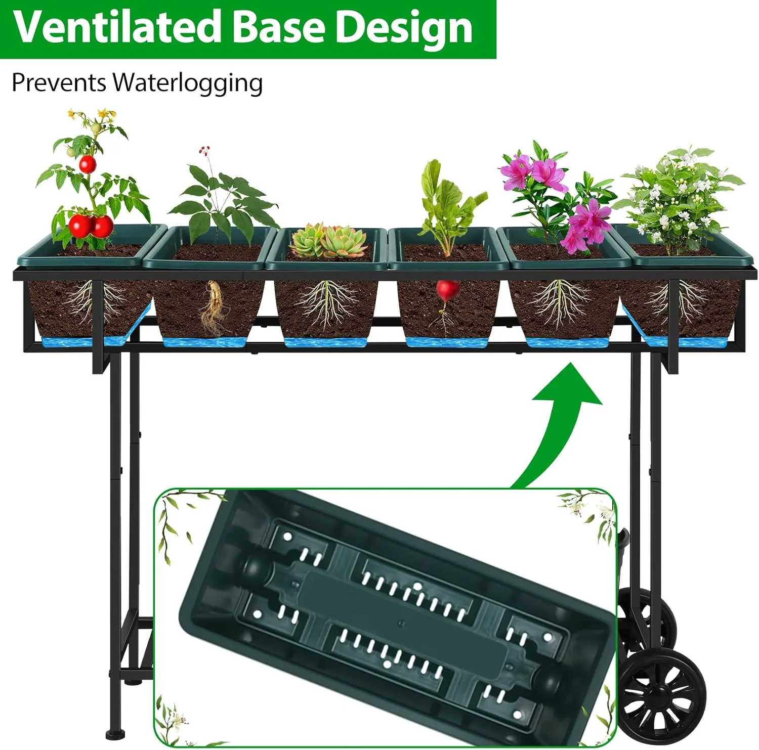 YBING Elevated Raised Garden Bed with Legs Outdoor Mobile Herb Garden Planter with Storage Shelf 6 Pocket Patio Raised Planter Boxes on Wheels Elevated Flower Bed 42x17x30in Green