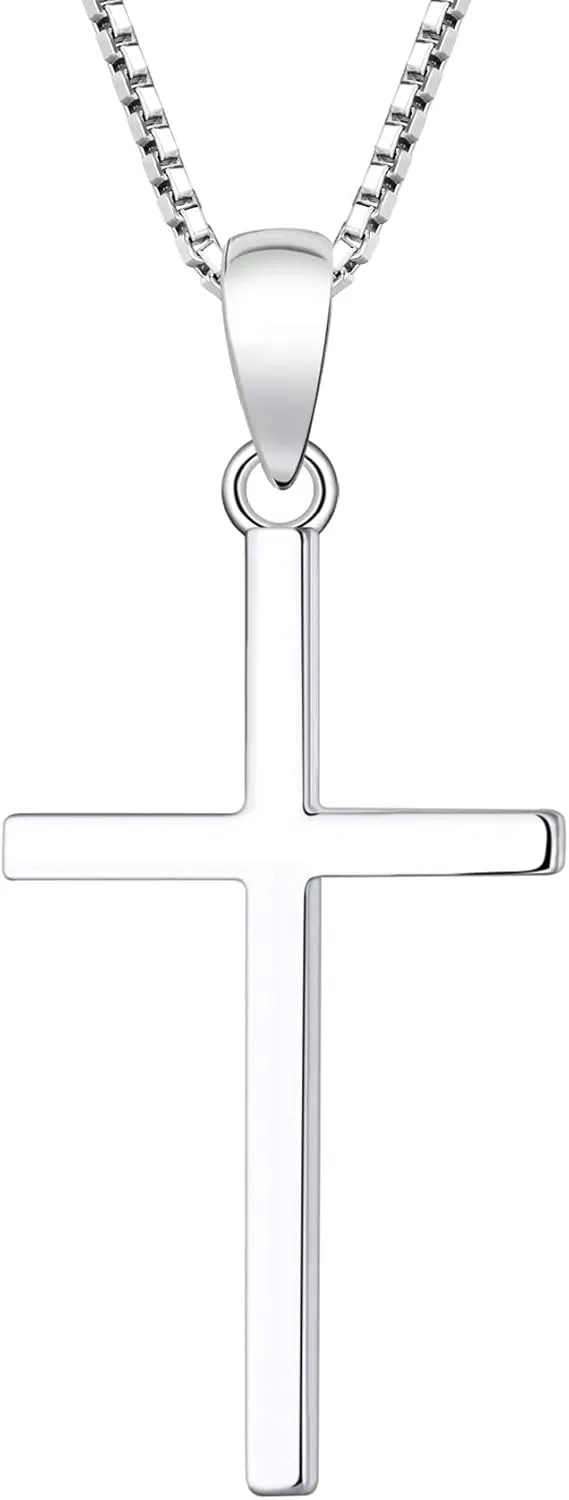 YL Cross Crucifix Christian Criss Necklace for Women, Soild Sterling Silver Polished 18k White Gold Plated Birthstone Plain Religious Pendant Box Chain Jewelry