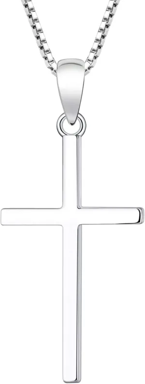 YL Cross Crucifix Christian Criss Necklace for Women, Soild Sterling Silver Polished 18k White Gold Plated Birthstone Plain Religious Pendant Box Chain Jewelry