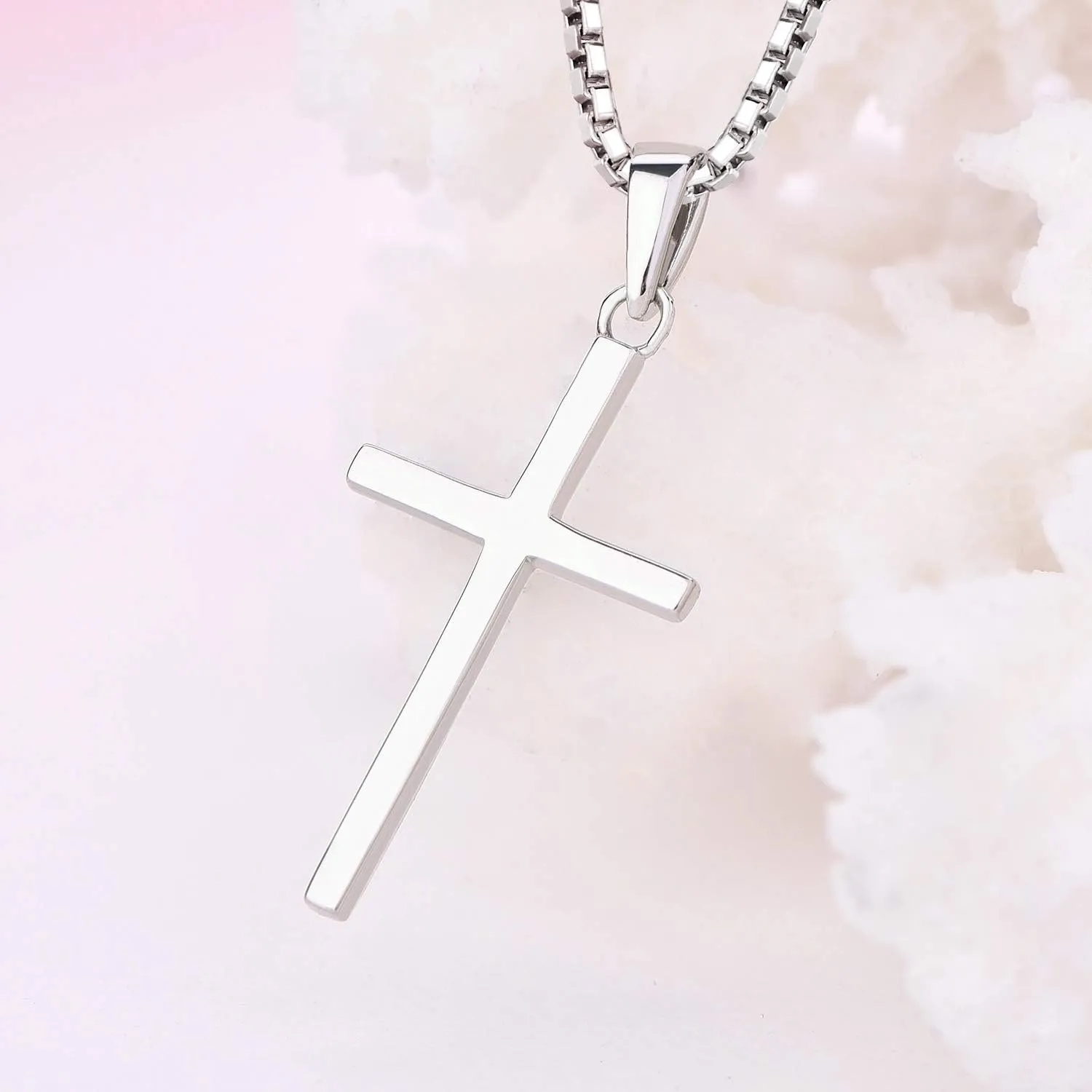 YL Cross Crucifix Christian Criss Necklace for Women, Soild Sterling Silver Polished 18k White Gold Plated Birthstone Plain Religious Pendant Box Chain Jewelry