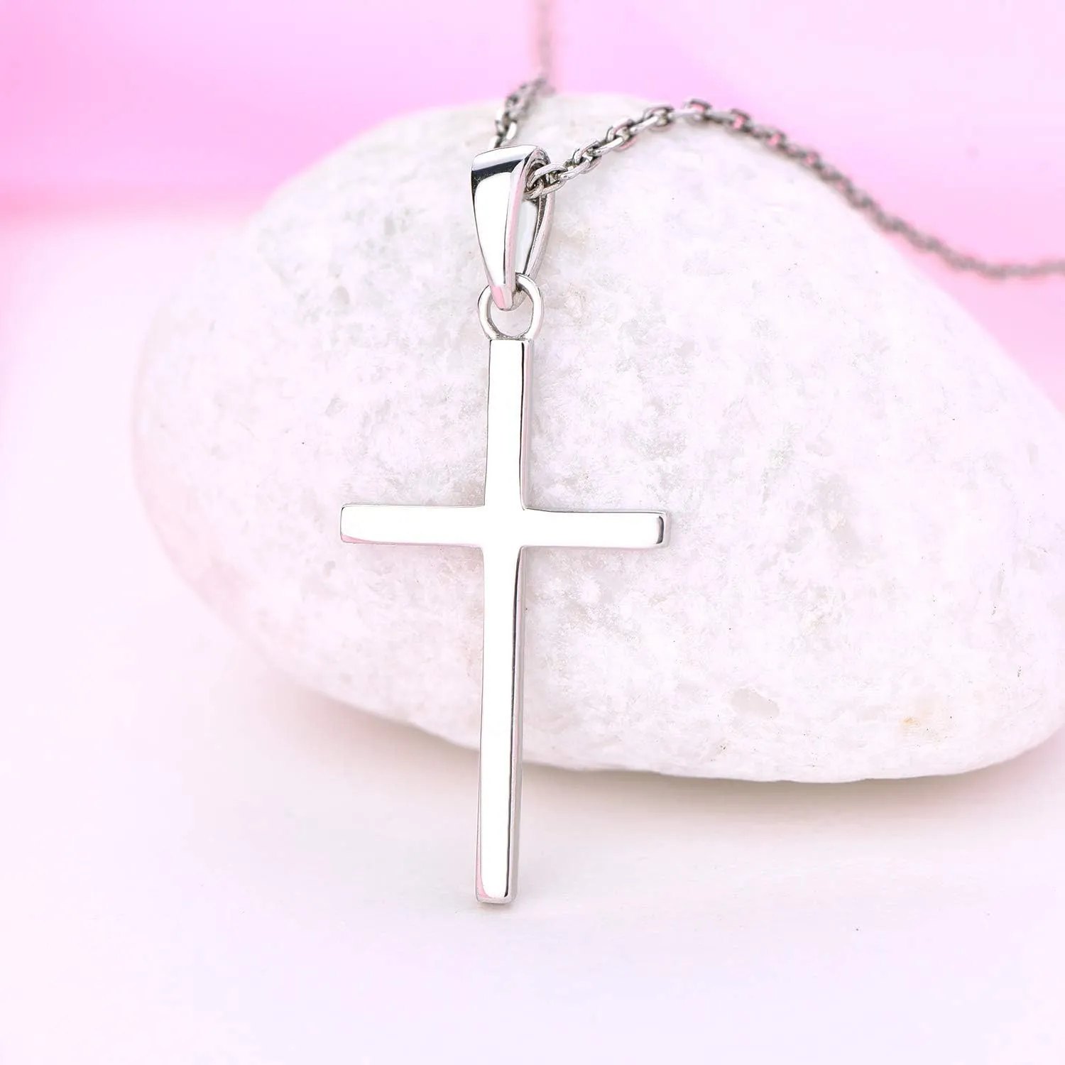 YL Cross Crucifix Christian Criss Necklace for Women, Soild Sterling Silver Polished 18k White Gold Plated Birthstone Plain Religious Pendant Box Chain Jewelry