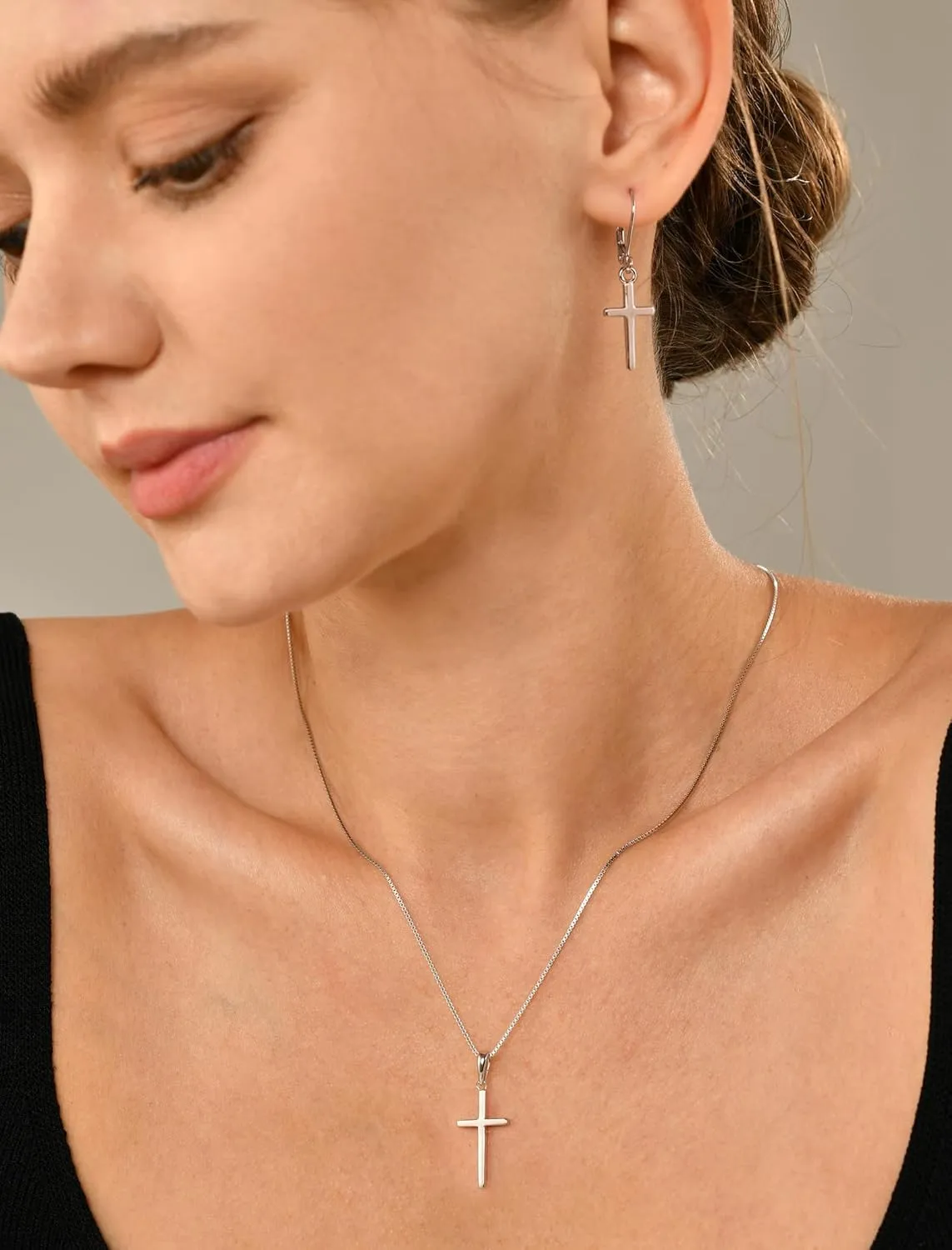YL Cross Crucifix Christian Criss Necklace for Women, Soild Sterling Silver Polished 18k White Gold Plated Birthstone Plain Religious Pendant Box Chain Jewelry